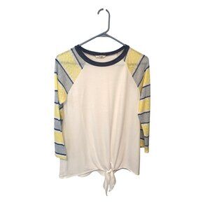 First Love Womens Size Small White Striped Yellow Blue Sleeve 3/4 Gather Tie Wai